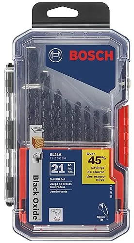 $14.97 | 21-Piece Bosch Assorted Set Black Oxide Metal Drill Bits with Included Case for Applications in Light-Gauge Metal, Wood, Plastic (BL21A) at Amazon
